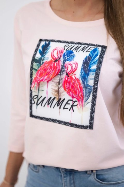 Bluzka z grafiką flamingów 3D pudrowy róż Bluzka z grafiką flamingów 3D pudrowy róż