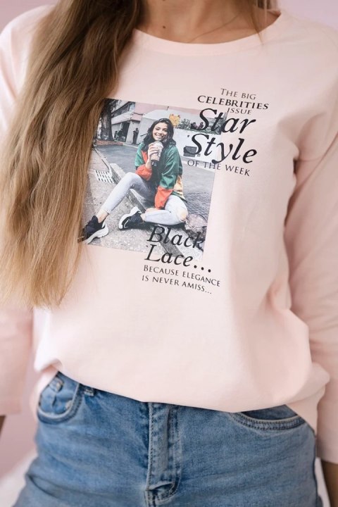 Bluzka z nadrukiem Star Style pudrowy róż Bluzka z nadrukiem Star Style pudrowy róż