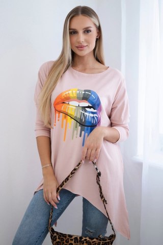 Bluzka oversize z nadrukiem tęczowych ust ciemny pudrowy róż uniwersalny