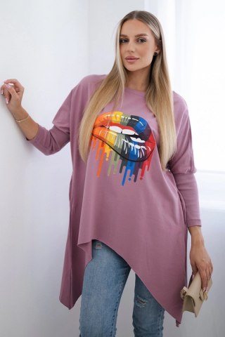 Bluzka oversize z nadrukiem tęczowych ust ciemny różowy uniwersalny