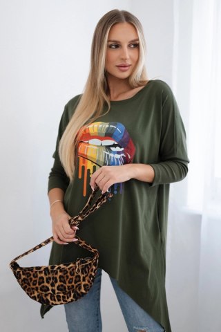 Bluzka oversize z nadrukiem tęczowych ust khaki uniwersalny