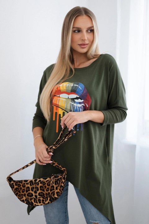 Bluzka oversize z nadrukiem tęczowych ust khaki uniwersalny
