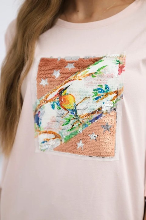 Bluzka z grafiką 3D Bird pudrowy róż uniwersalny