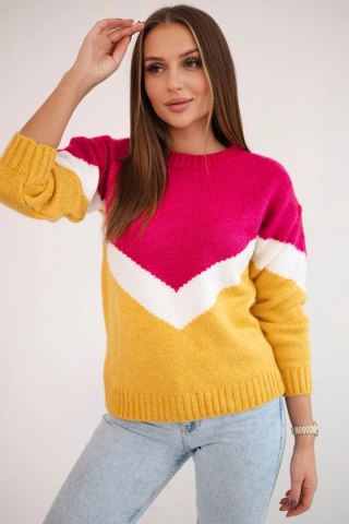 Sweter w geometryczne wzory fuksja+musztardowy uniwersalny