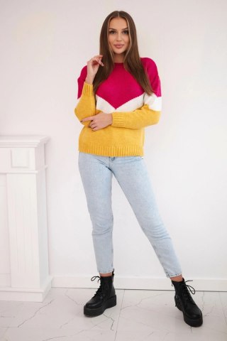 Sweter w geometryczne wzory fuksja+musztardowy uniwersalny