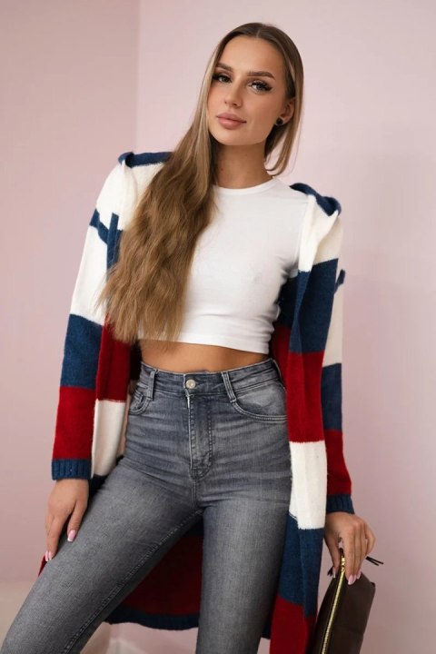 Sweter w pasy trzykolorowy ecru+jeans+czerwony uniwersalny