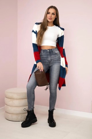 Sweter w pasy trzykolorowy ecru+jeans+czerwony uniwersalny
