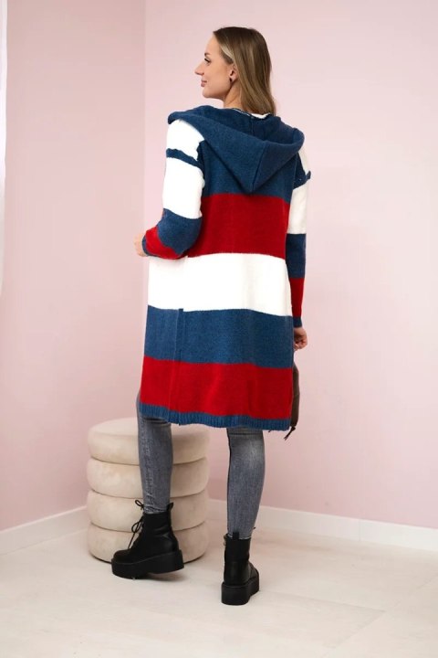 Sweter w pasy trzykolorowy ecru+jeans+czerwony uniwersalny