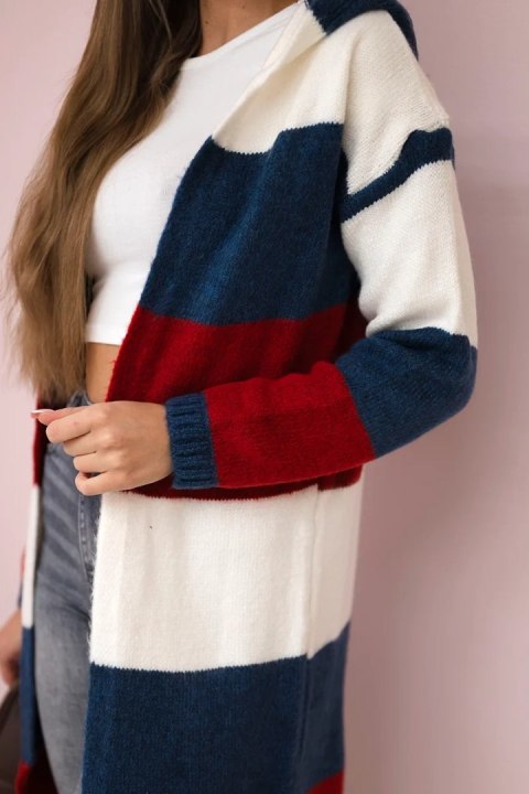 Sweter w pasy trzykolorowy ecru+jeans+czerwony uniwersalny