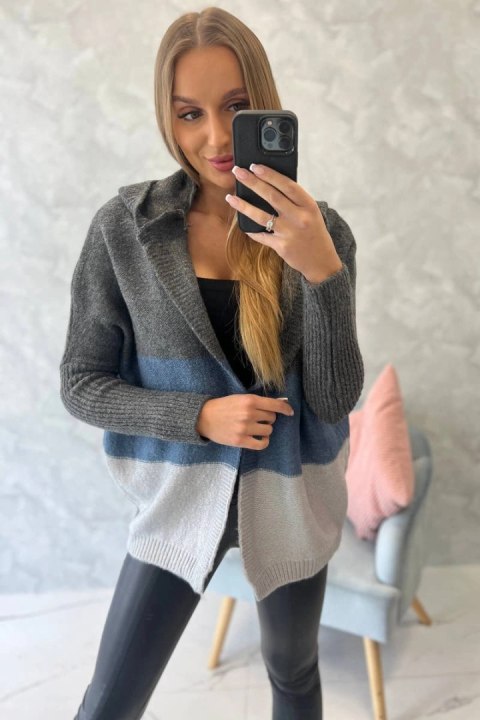 Sweter z kapturem trzykolorowy grafitowy+jeans+szary uniwersalny
