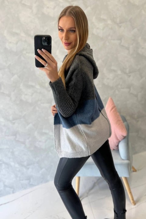 Sweter z kapturem trzykolorowy grafitowy+jeans+szary uniwersalny