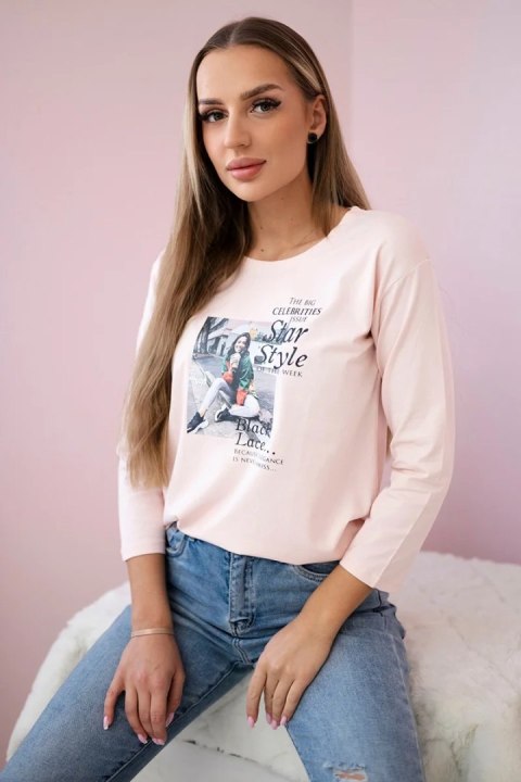 Bluzka z nadrukiem Star Style pudrowy róż uniwersalny