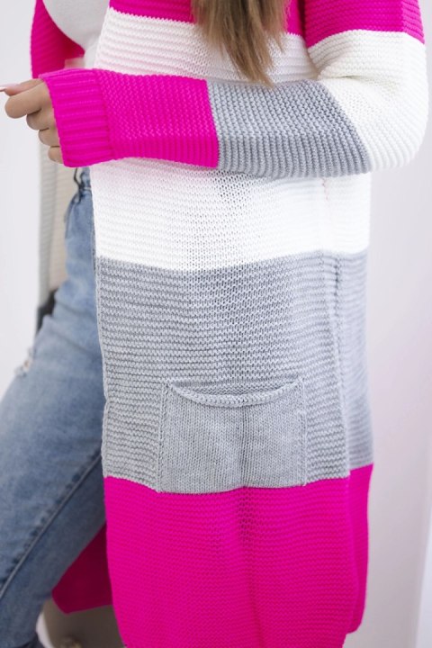 Sweter Kardigan w pasy różowy neon+ecru uniwersalny