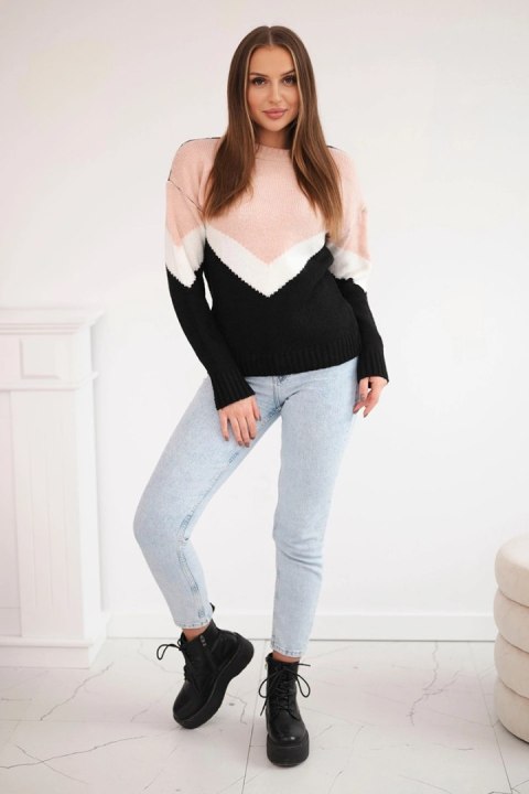 Sweter w geometryczne wzory pudrowy róż+czarny uniwersalny