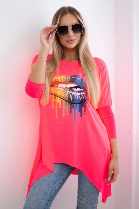 Bluzka oversize z nadrukiem tęczowych ust różowy neon uniwersalny