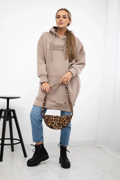 Bluza ocieplana z haftowanym napisem oversize ciemno beżowa uniwersalny
