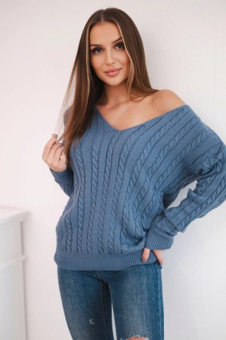 Sweter pleciony z dekoltem V jeansowy uniwersalny