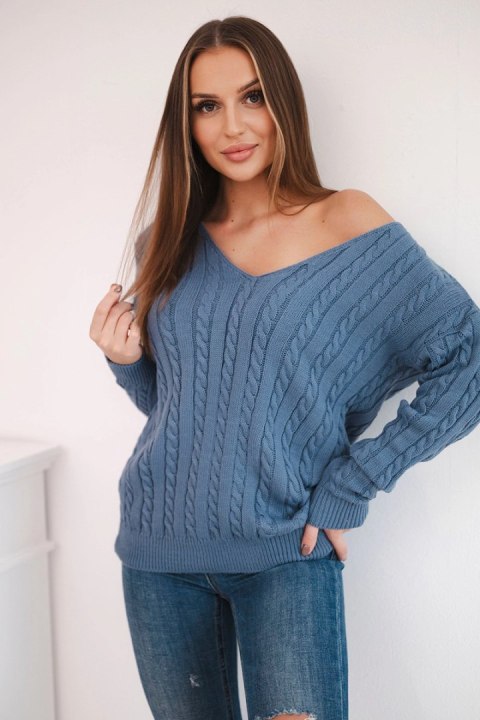 Sweter pleciony z dekoltem V jeansowy uniwersalny