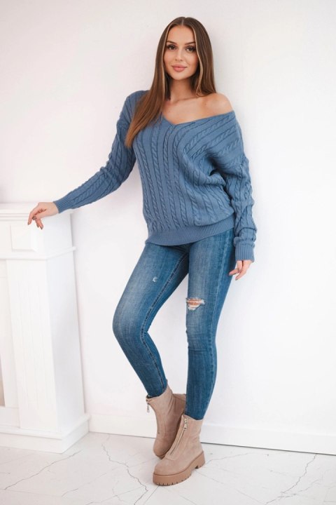 Sweter pleciony z dekoltem V jeansowy uniwersalny