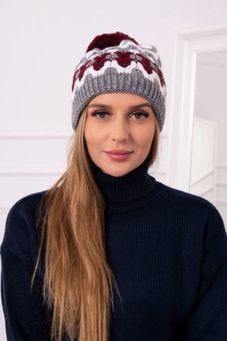 Czapka damska Laila K283 ciemny szary+biały+bordowy uniwersalny