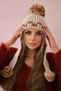 Czapka damska uszatka Nadia K321 beżowa uniwersalny