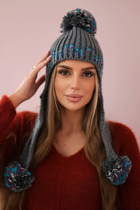 Czapka damska uszatka Nadia K321 ciemno szara uniwersalny