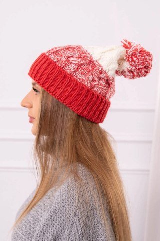 Czapka damska z pomponem Abigail K326 malinowy+ecru uniwersalny