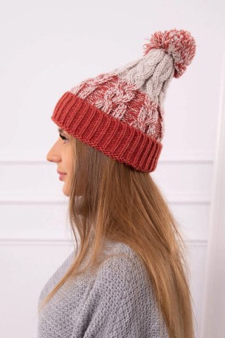 Czapka damska z pomponem Abigail K326 rudy+beżowy uniwersalny