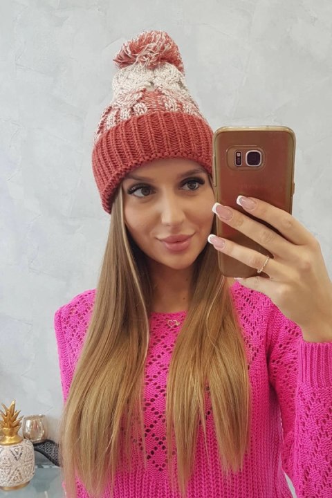 Czapka damska z pomponem Abigail K326 rudy+beżowy uniwersalny