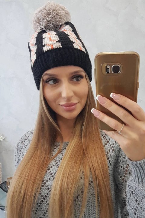 Czapka damska z pomponem Rozalia K323 beżowy+czarny uniwersalny