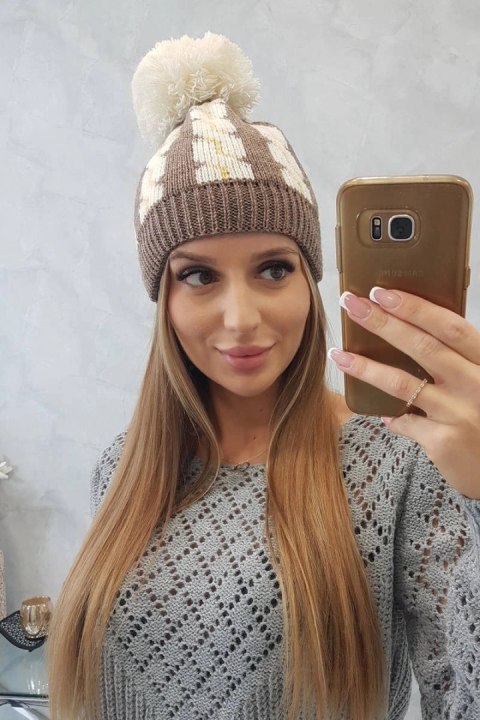Czapka damska z pomponem Rozalia K323 ecru+mocca uniwersalny