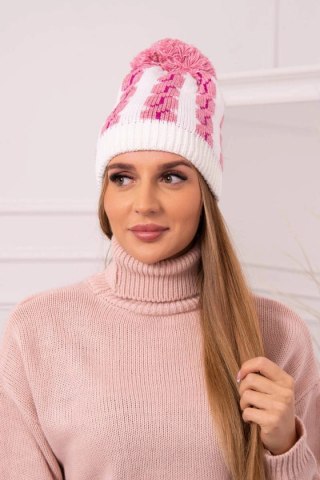 Czapka damska z pomponem Rozalia K323 jasny różowy+biały uniwersalny