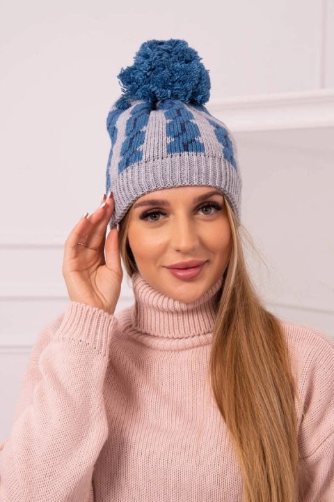 Czapka damska z pomponem Rozalia K323 jeansowy+szary uniwersalny