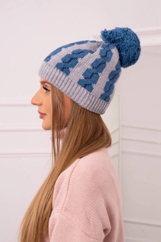 Czapka damska z pomponem Rozalia K323 jeansowy+szary uniwersalny