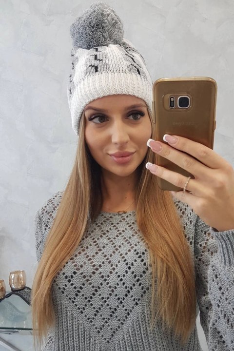 Czapka damska z pomponem Rozalia K323 szary+biały uniwersalny