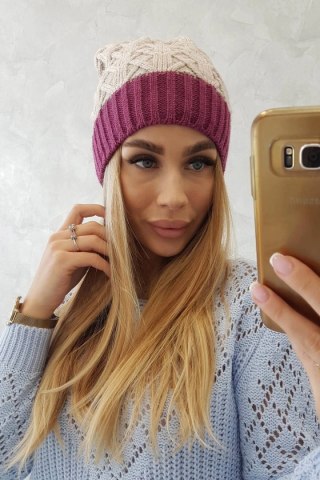 Czapka z polarem Bibiana K264 ciemny fioletowy+jasny beżowy uniwersalny