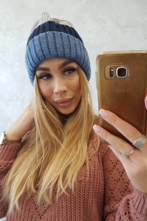 Czapka z polarem Bojana K265 jeans+granatowy+jasny szary uniwersalny