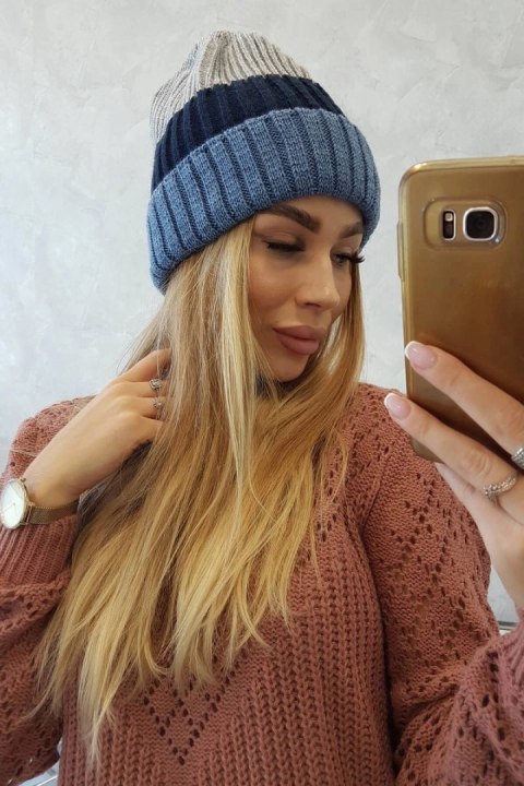 Czapka z polarem Bojana K265 jeans+granatowy+jasny szary uniwersalny