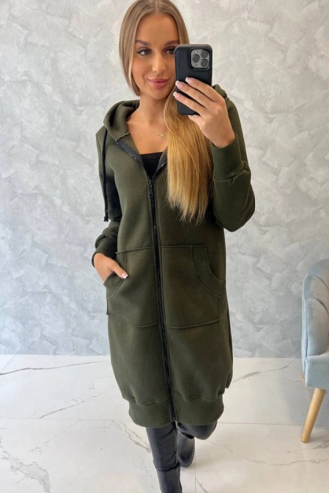 Bluza ocieplana długa z kapturem khaki uniwersalny