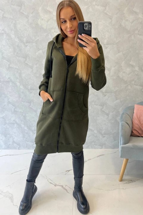 Bluza ocieplana długa z kapturem khaki uniwersalny