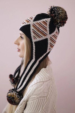 Czapka damska uszatka Eunika K322 czarny+beżowy uniwersalny