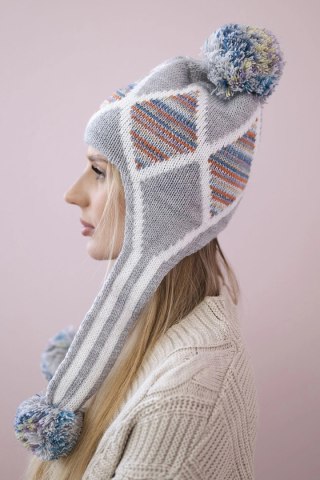 Czapka damska uszatka Eunika K322 szary+niebieski uniwersalny