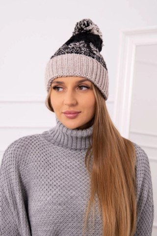 Czapka damska z pomponem Abigail K326 czarny+beżowy uniwersalny