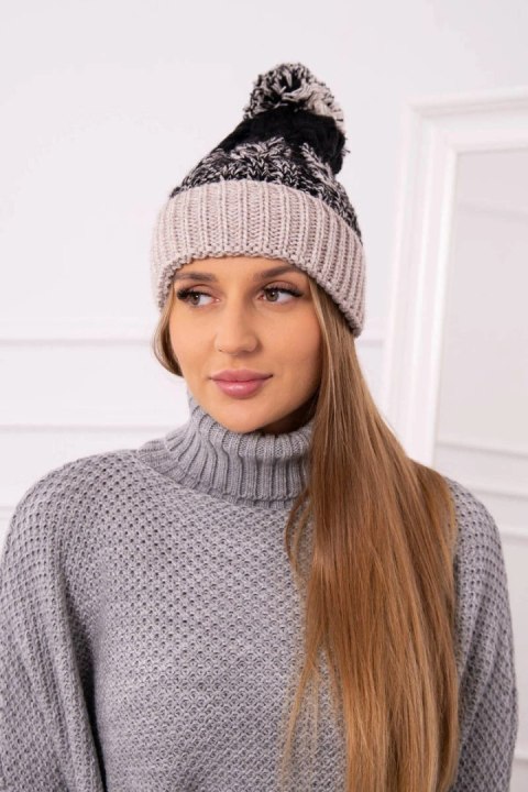 Czapka damska z pomponem Abigail K326 czarny+beżowy uniwersalny