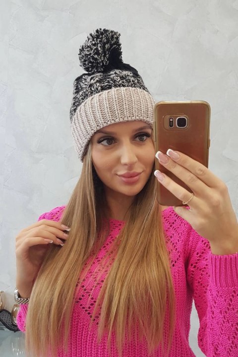 Czapka damska z pomponem Abigail K326 czarny+beżowy uniwersalny