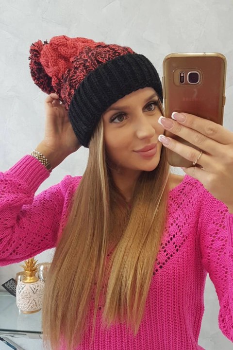 Czapka damska z pomponem Abigail K326 czarny+malinowy uniwersalny