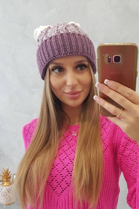 Czapka damska z pomponem Abigail K326 fioletowy+biały uniwersalny