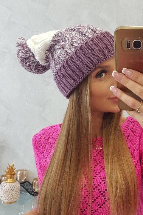Czapka damska z pomponem Abigail K326 fioletowy+biały uniwersalny
