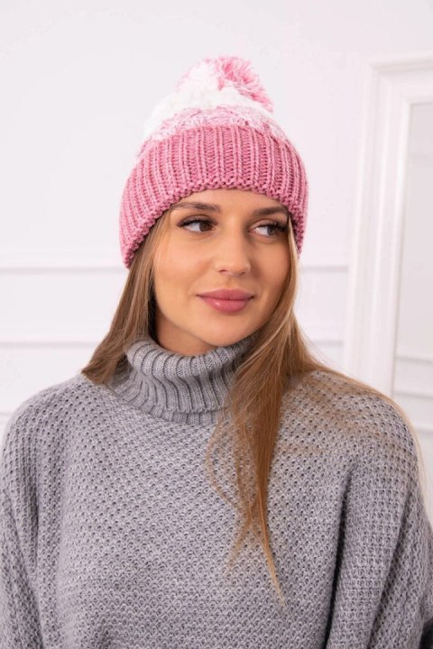 Czapka damska z pomponem Abigail K326 pudrowy róż+ecru uniwersalny