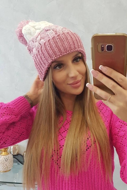 Czapka damska z pomponem Abigail K326 pudrowy róż+ecru uniwersalny